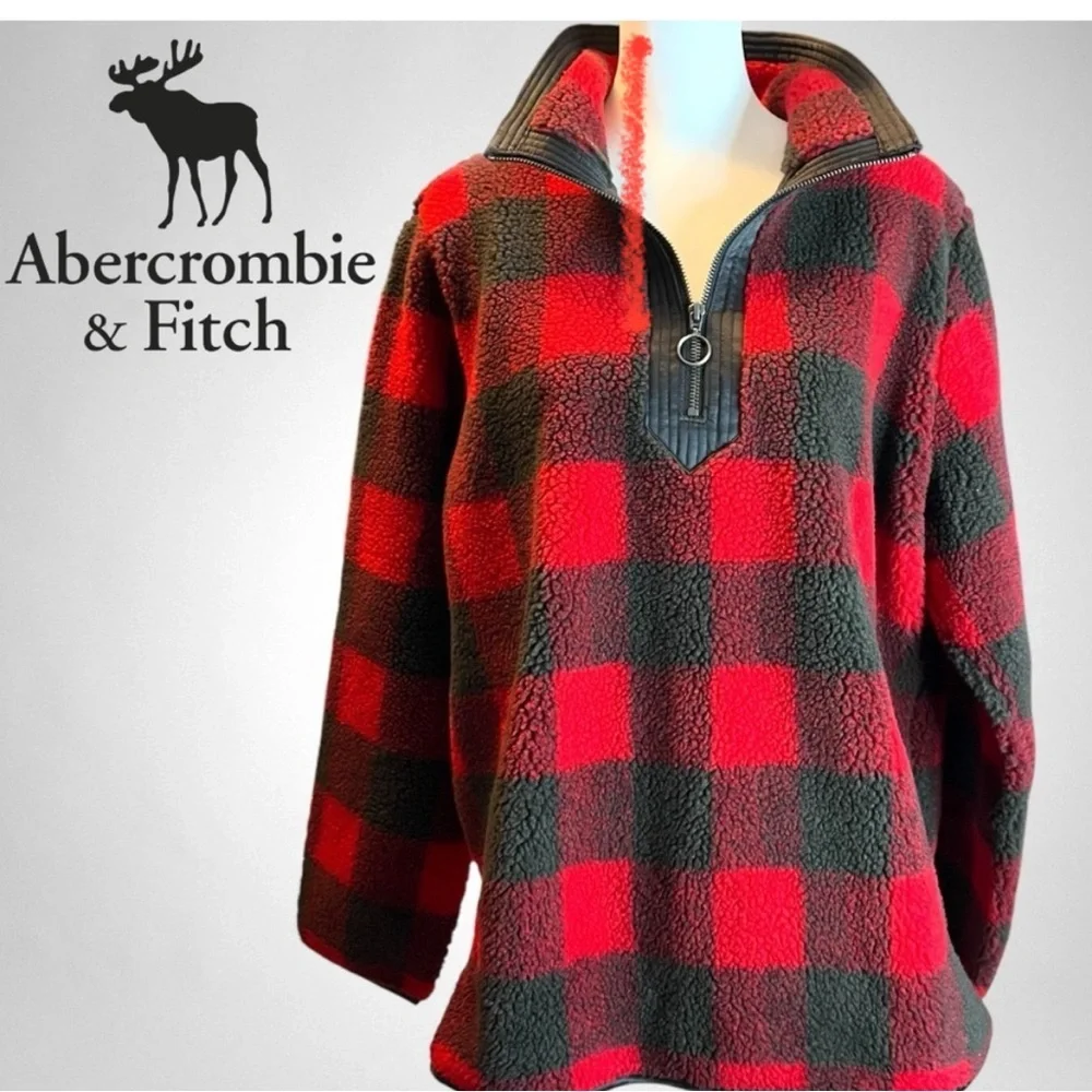 Abercrombie & Fitch Red Black Plaid Zip-Up Sweater | Cozy Fall Flannel Style Jac - Picture 7 of 7